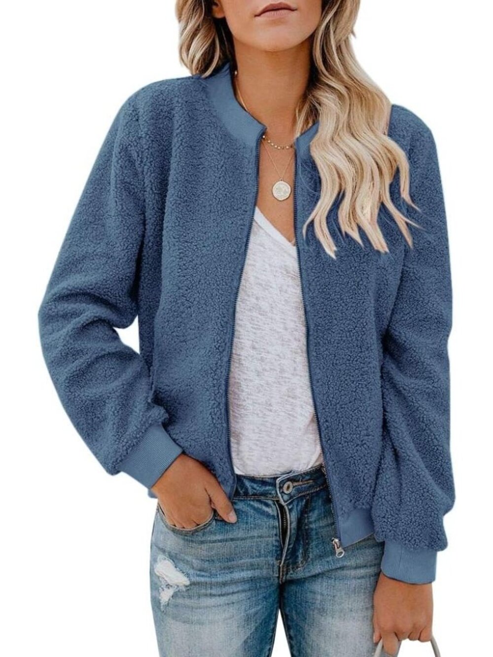 〽️Women's Navy Blue Winter Bomber Long Sleeve Faux Sherpa Fuzzy Casual Zip Coat